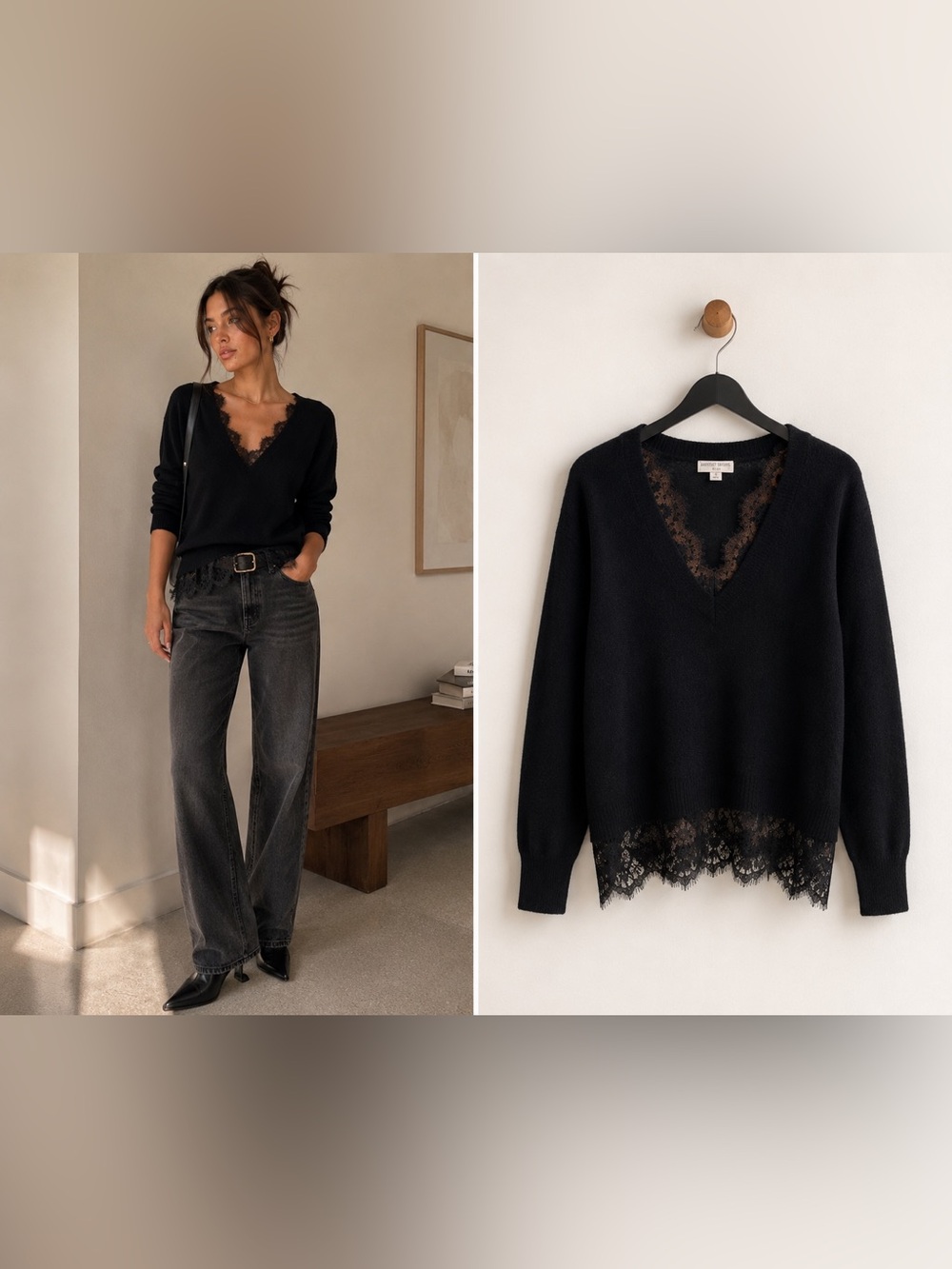 Brochu Walker The Lace Vee Looker Pullover Sweater Black Onyx Cashmere Sz S